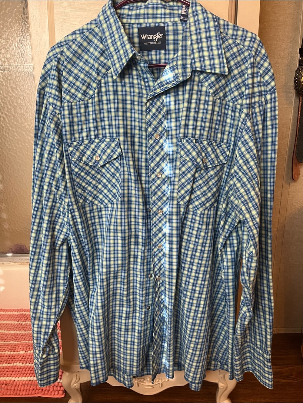 Wrangler Blue and Green Plaid Western Pearl snap-Front Shirt